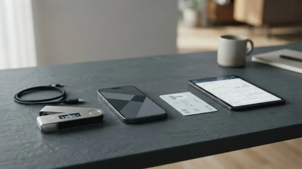 A crypto wallet, phone and identification card arranged beside an account screen