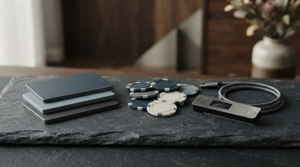 Three stacked bonus cards beside casino chips and a crypto wallet