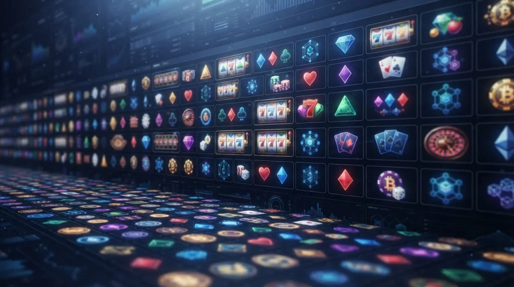 Rows of slot reels and live table symbols arranged across a dark casino screen