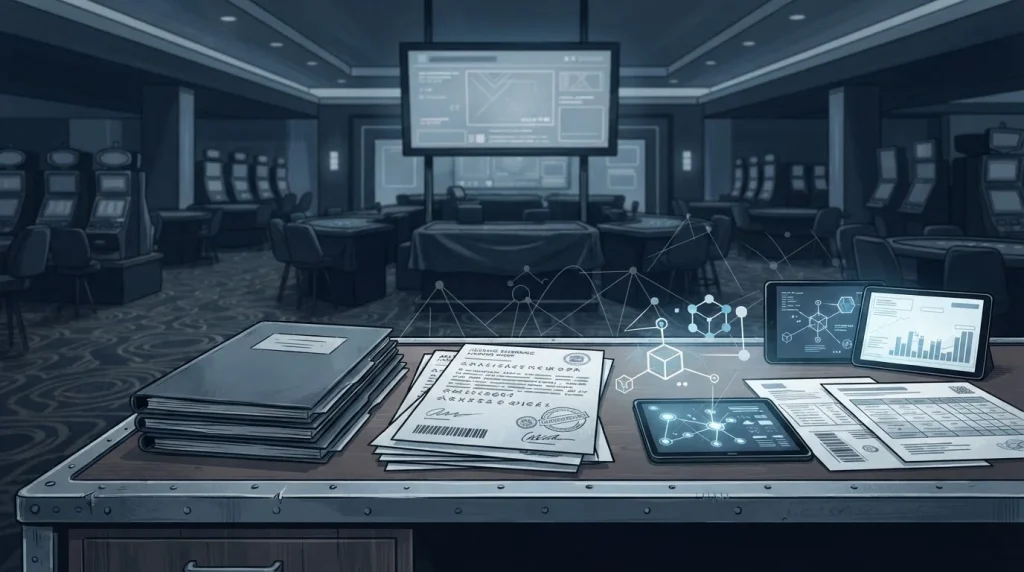 Casino records and regulatory documents beside an inactive crypto gaming screen