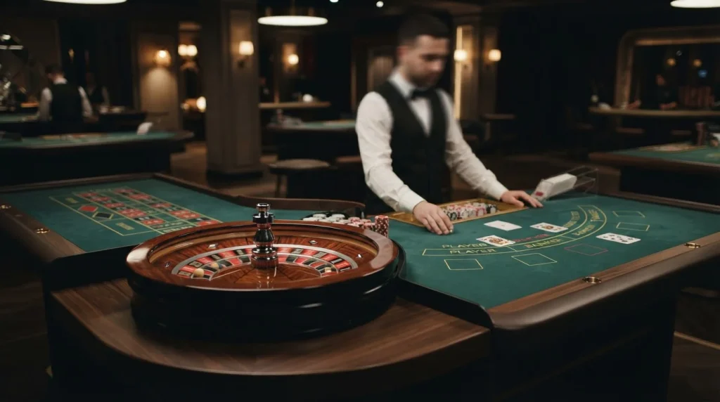 Blackjack cards, roulette wheel and baccarat table arranged in a live casino setting