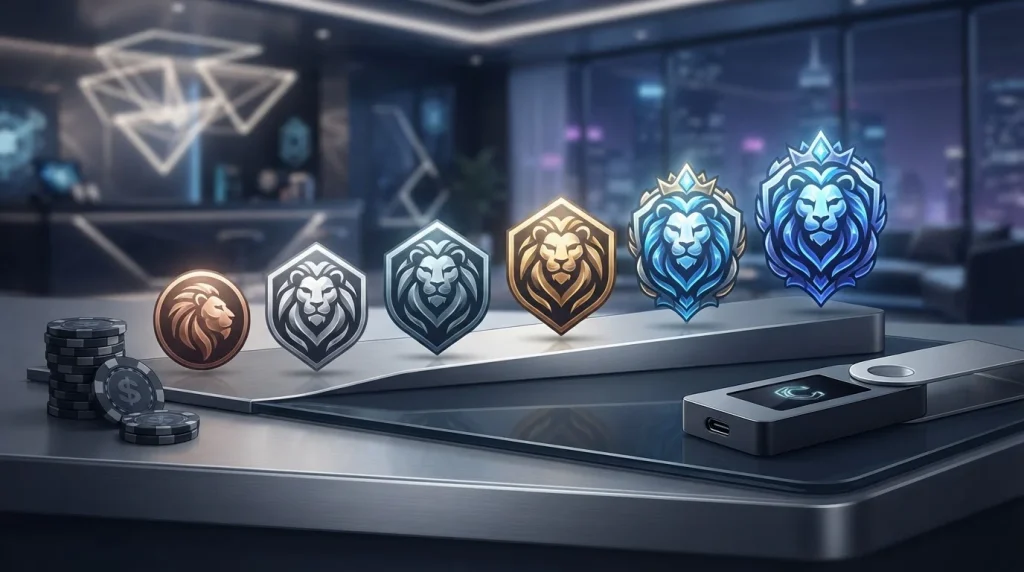 Six lion-themed loyalty tiers arranged beside casino chips and a crypto wallet